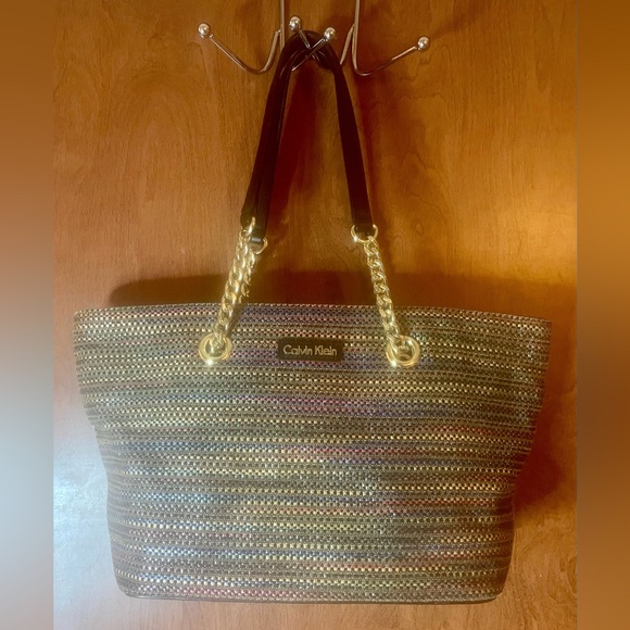 Calvin Klein Multi-Colored Straw Bag Purse Gold Accents NWOT - Picture 1 of 14